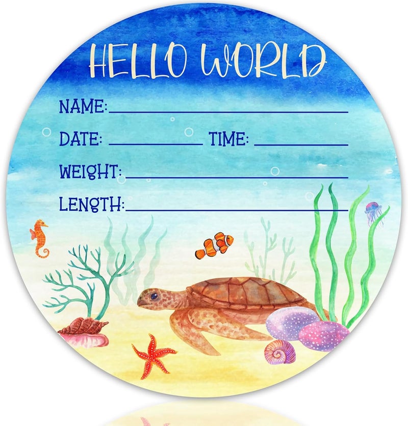 CLHHM Baby Announcement Sign, ​5.9 Inch Sea Turtle Theme Wooden Hello World Newborn Signs, Ocean Newbaby Gifts, Nursery Wall Décor, Baby Name Sign for Boys Girls - Image 1